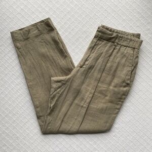 MNG 100% Linen Trousers Khaki Pleated Relaxed Fit Pants Mens Size 32